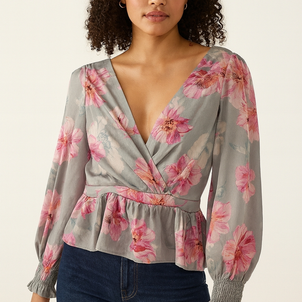 Express Gray and Pink Floral Blouse